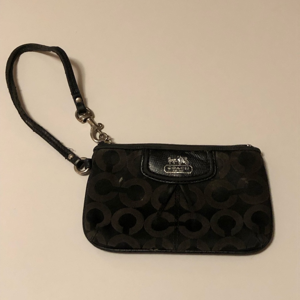 COACH Sig CC Black W Silver Writing Wristlet Wallet 4x6 Cloth & Patent Leather